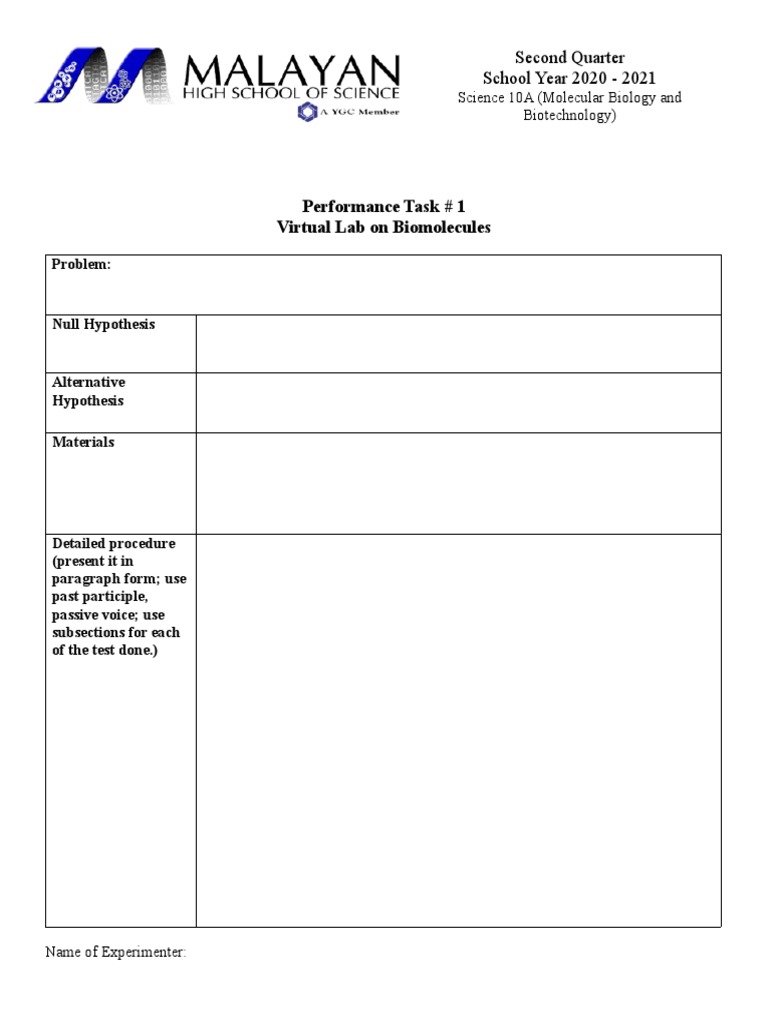 Performance Task # 1 Virtual Lab On Biomolecules: Science 10A ...