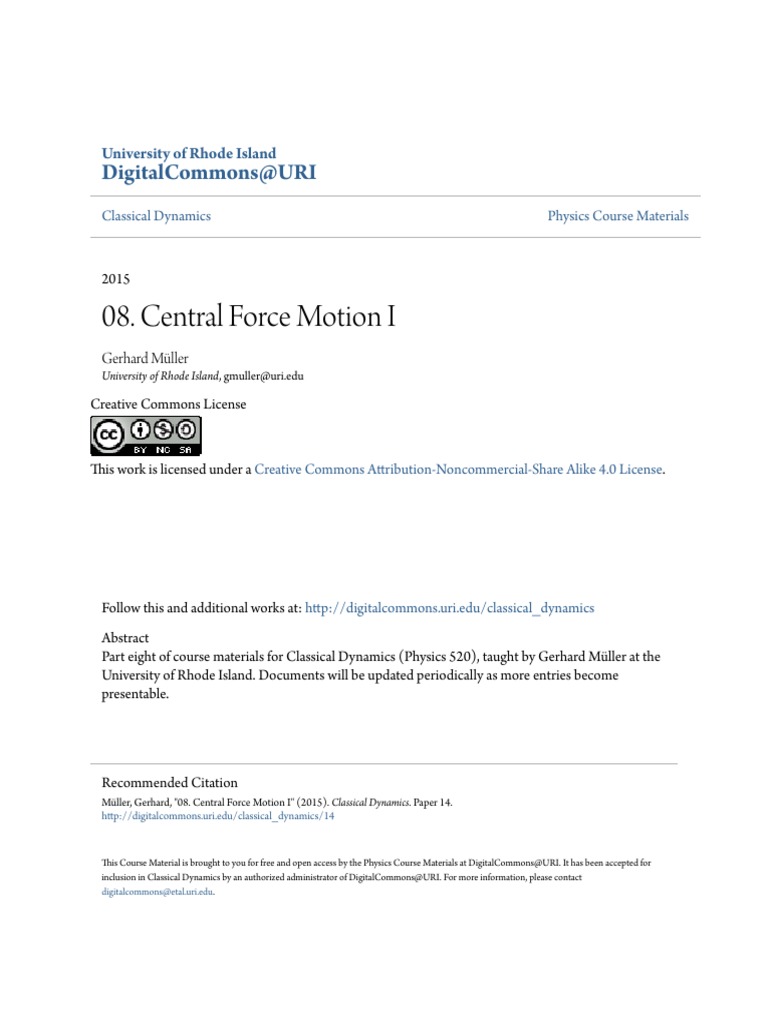 Central Force Motion Overview | PDF | Lagrangian Mechanics | Orbit