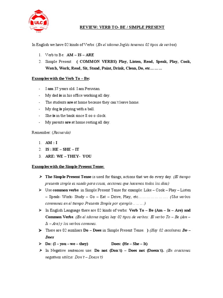 Verb To Be and Simple Present Guide | PDF | Grammar | Syntax