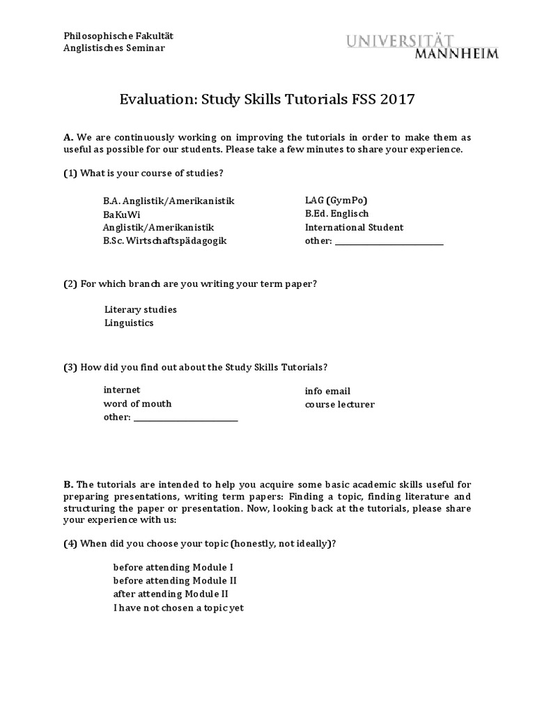 Study Skills Tutorials Evaluation 2017 | PDF | Cognition | Learning