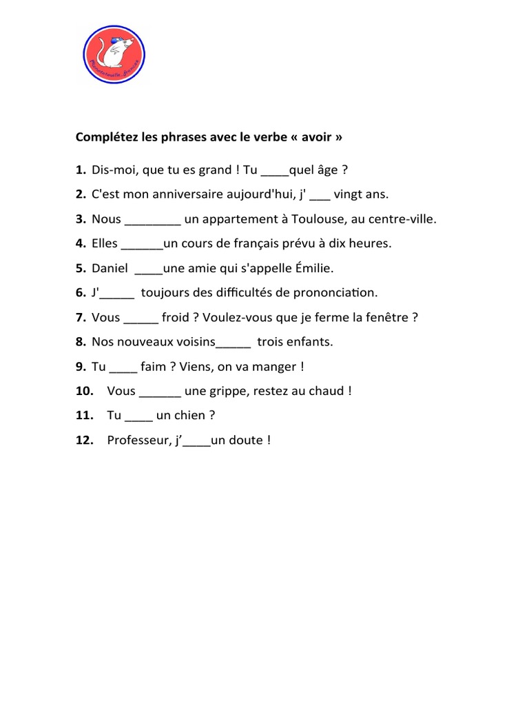 Exercice sur le verbe avoir au présent | PDF | Études des langues ...