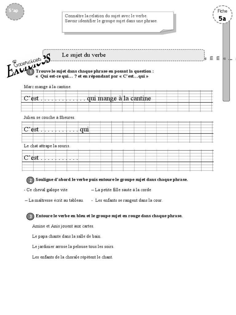 Le Sujet Du Verbe Ce1 Exercices Pdf Ce1 Exercices Sujet | PDF | Phrase