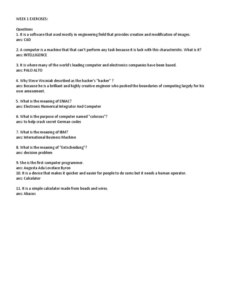 WEEK 1 2 3 EXERCISES With Answer | PDF | Computer Data Storage ...