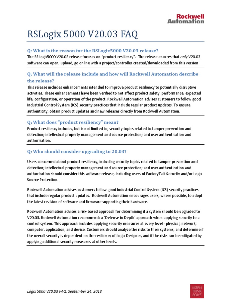 RSLogix 5000 V20.03 Resiliency FAQ | PDF | Online And Offline | Security