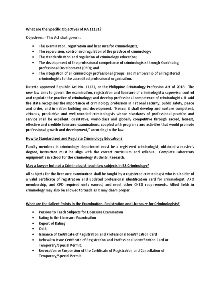 Objectives of RA 11131 in Criminology | PDF | Licensure | Forensic Science