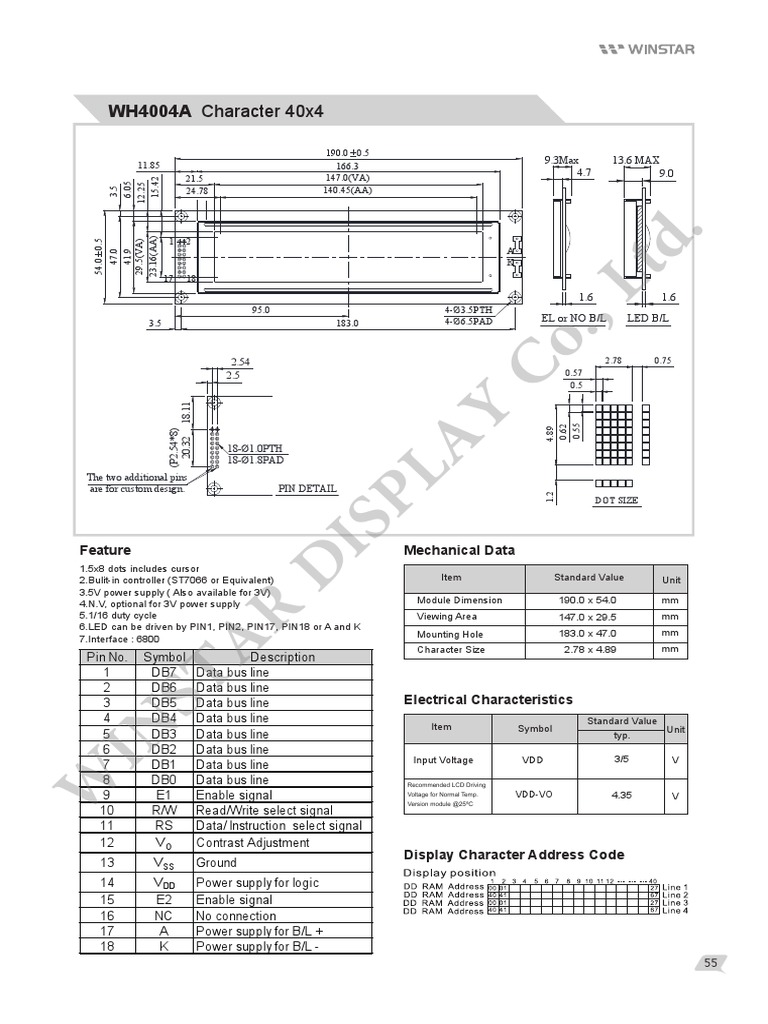 Co., LTD.: WH4004A Character 40x4 | PDF | Power Supply | Electrical ...