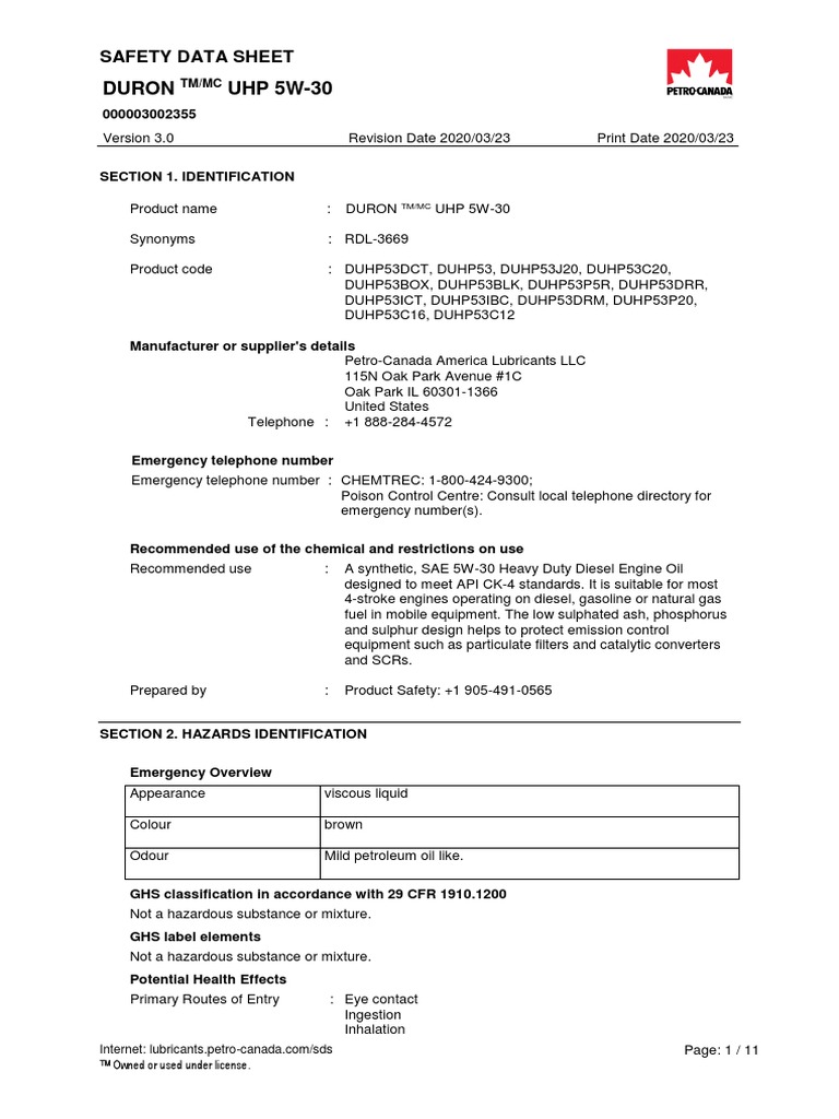 Duron UHP 5W30 Safety Data Sheet PDF Motor Oil Toxicity