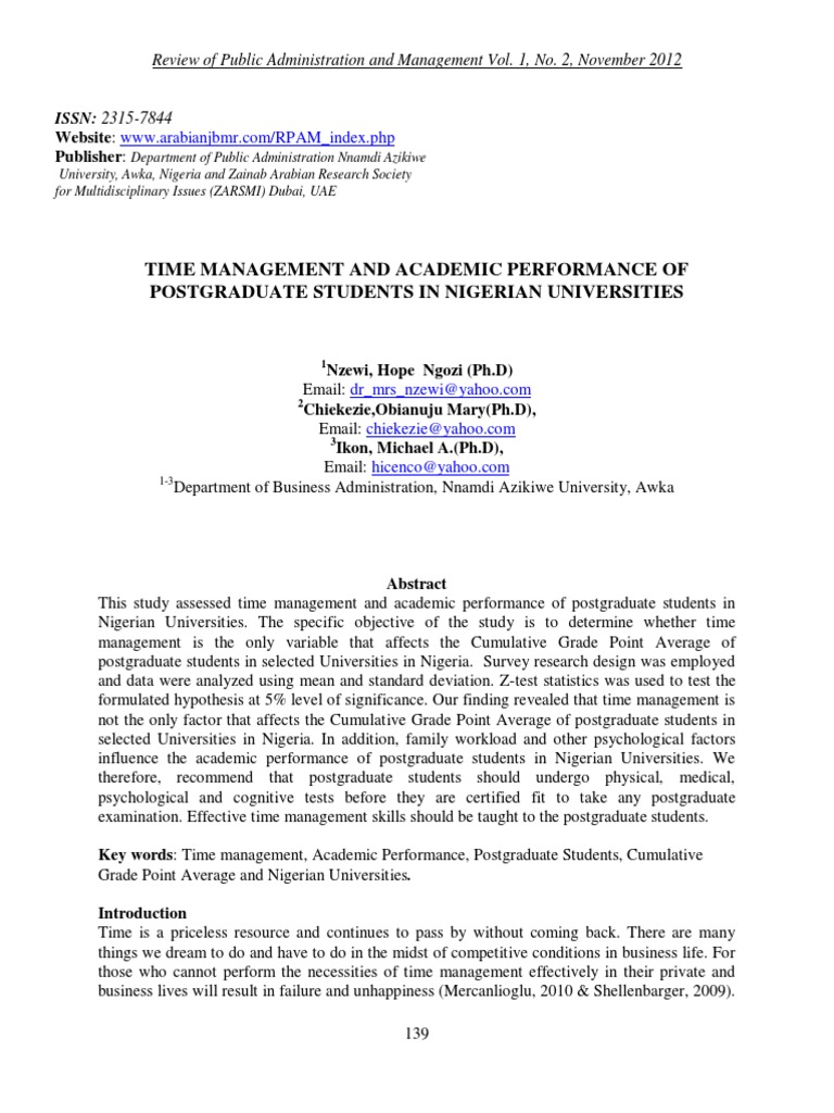 Time Management and Academic Performance of Postgraduate Students in ...