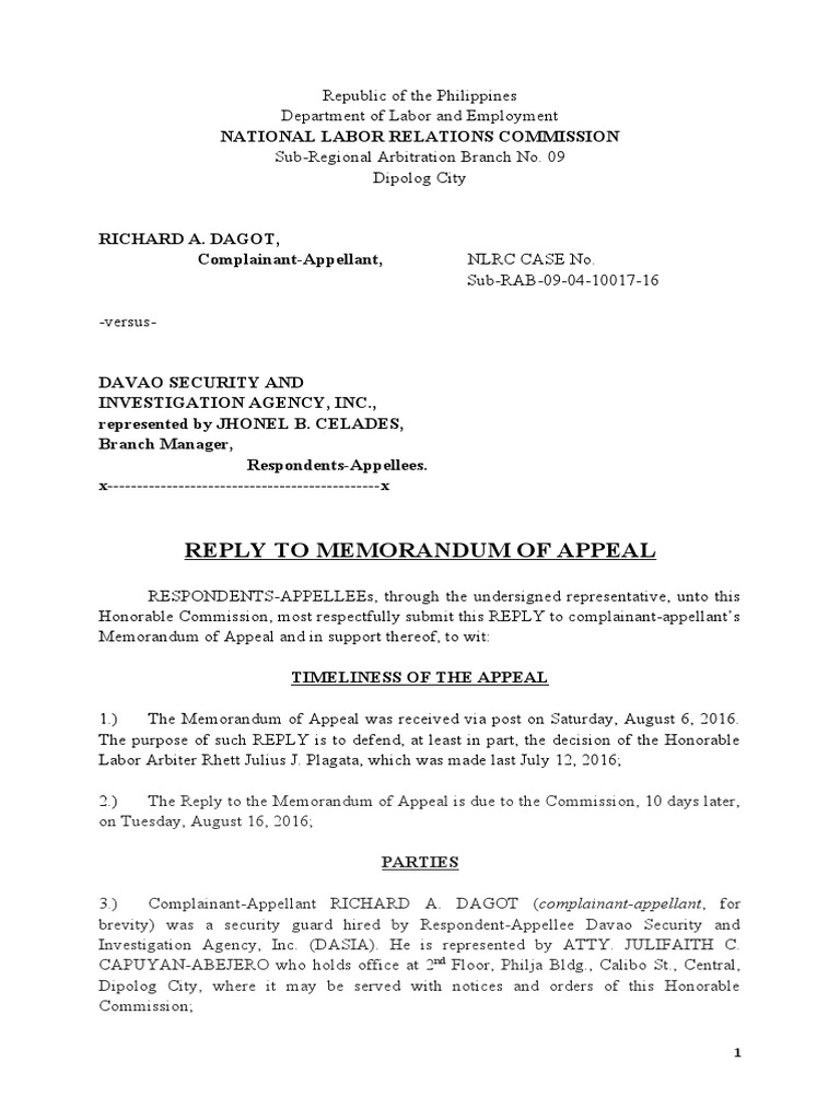 NLRC Case: Reply to Appeal by DASIA | PDF | Employment | Complaint