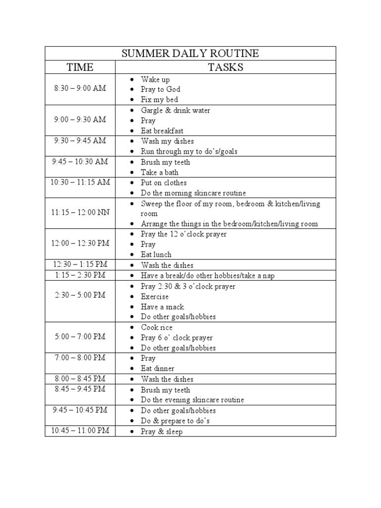 Daily Summer Routine Schedule | PDF