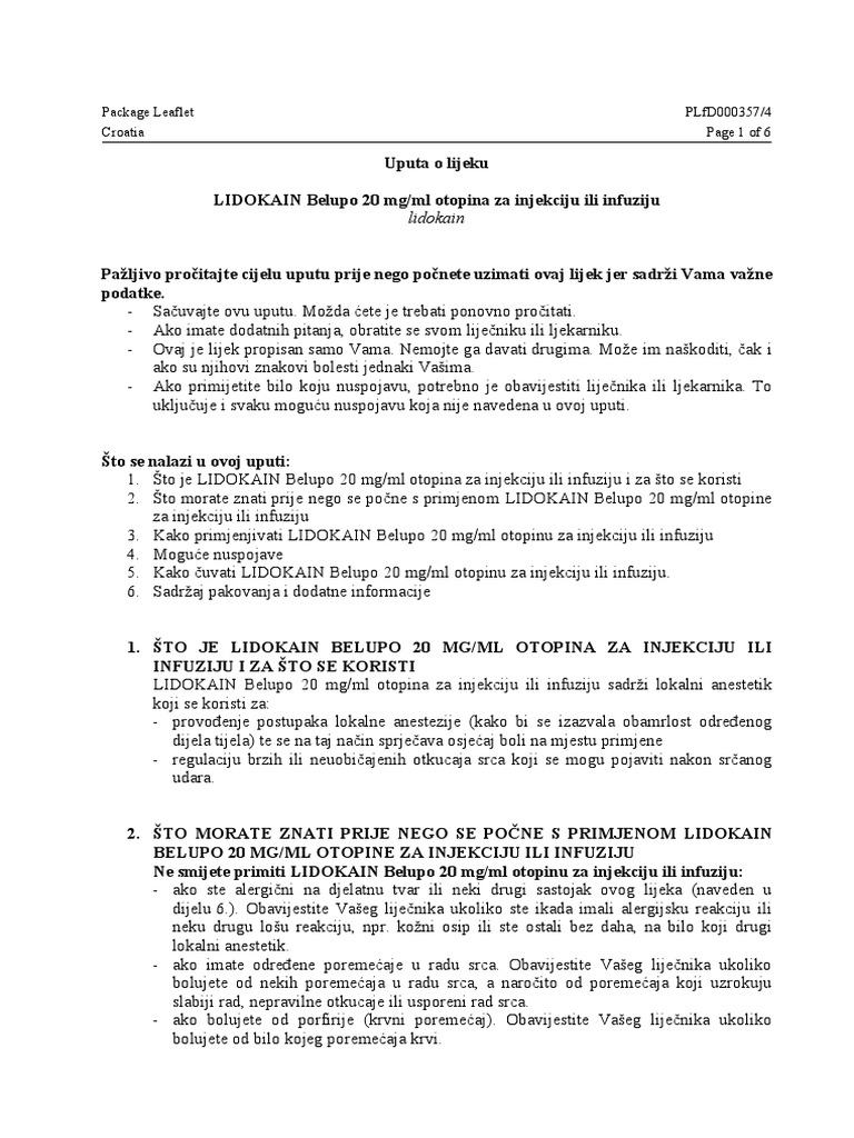 Lidokain Injekcije-Uputstvo | PDF
