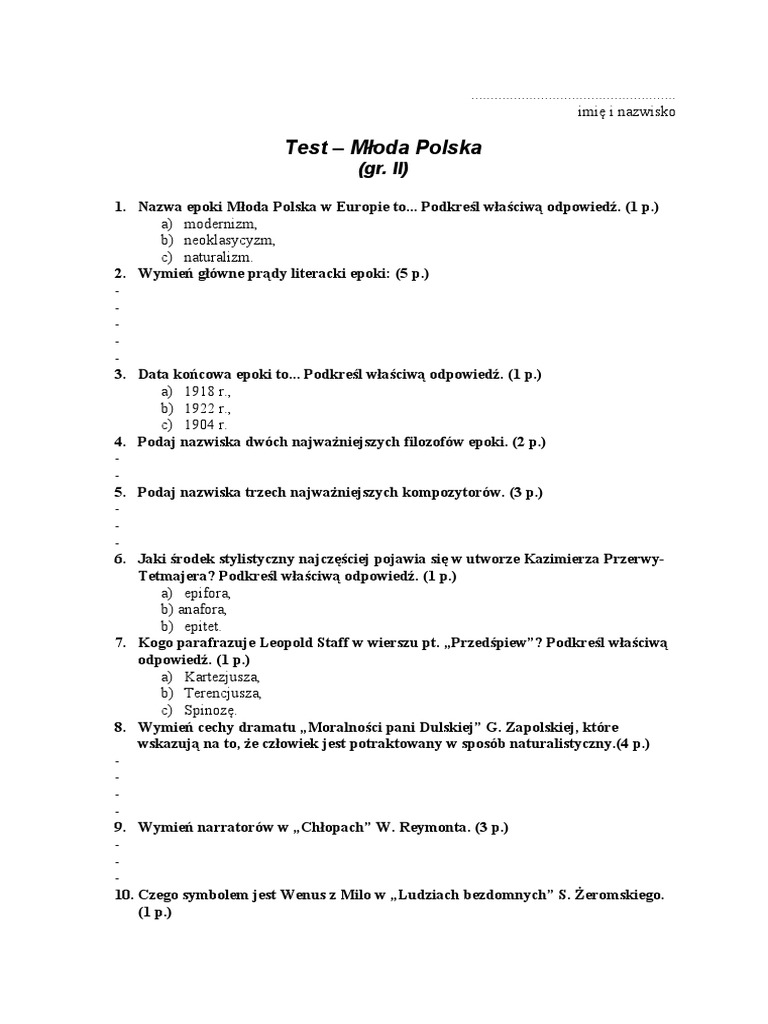 Chłopi Tom 1 Test Z Odpowiedziami