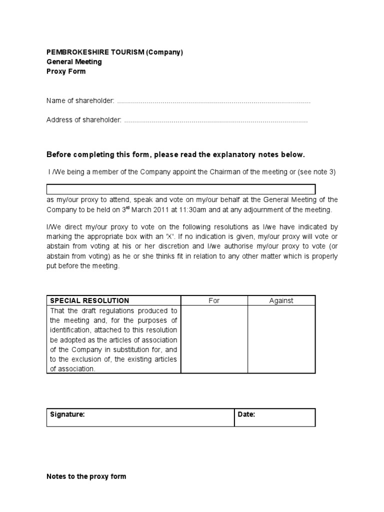 Pembrokeshire Tourism Proxy Vote Form | PDF | Proxy Voting | Articles ...