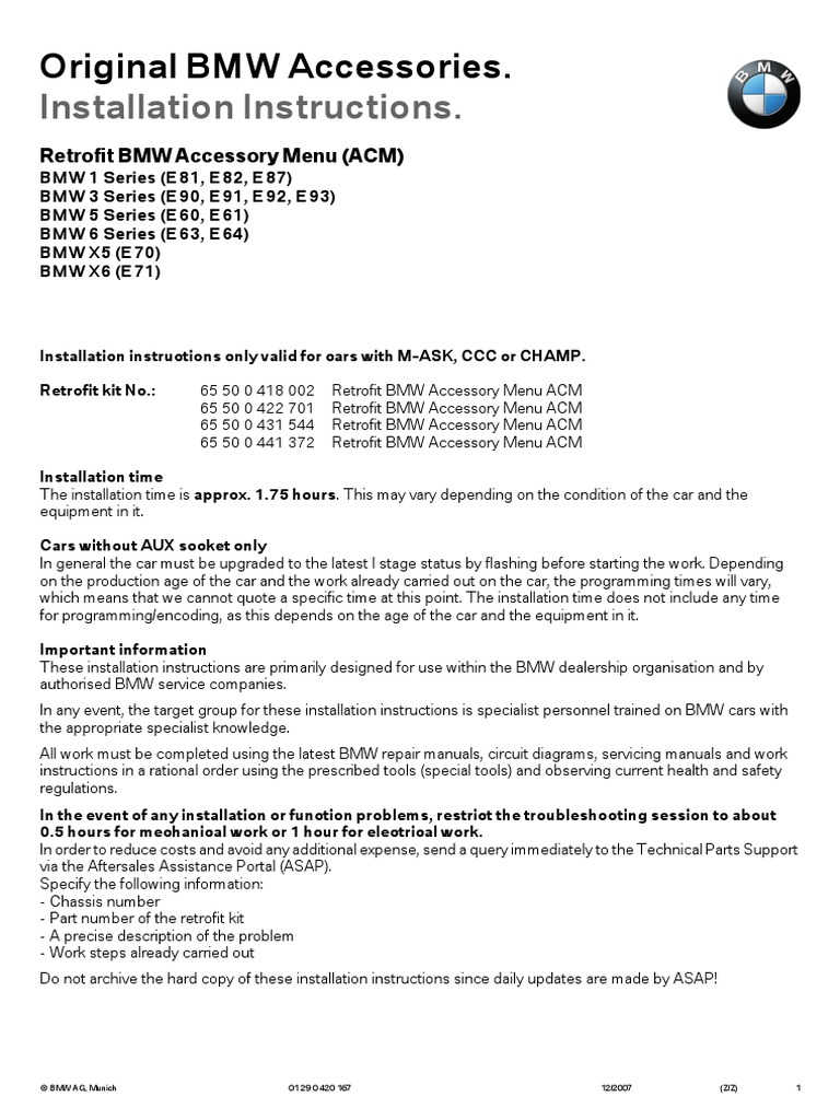 Original BMW Accessories. Installation Instructions. - M5 Board | PDF ...