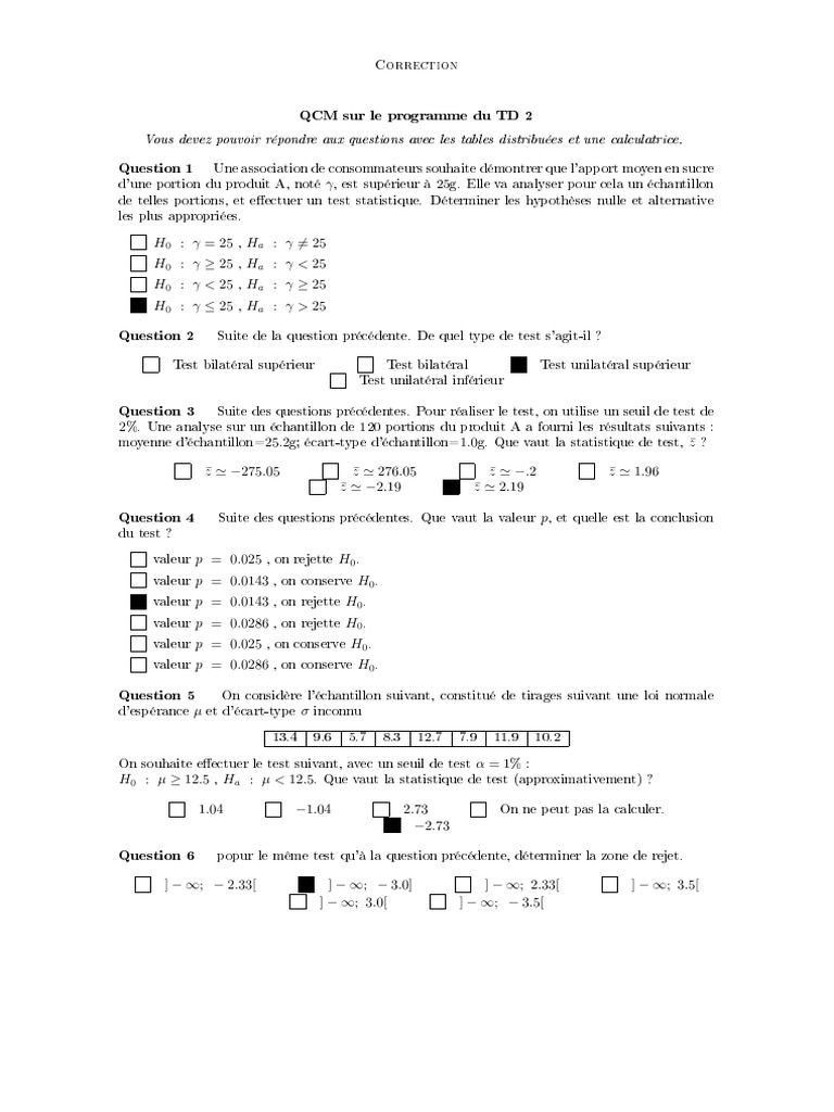 QCM Feuille2 Solution PDF | PDF | Valeur p | Écart type