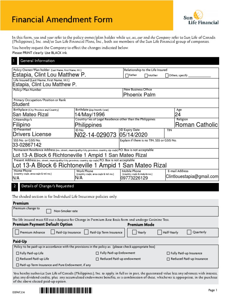 Financial Amendment Form: Estapia, Clint Lou Matthew P | PDF | Life ...