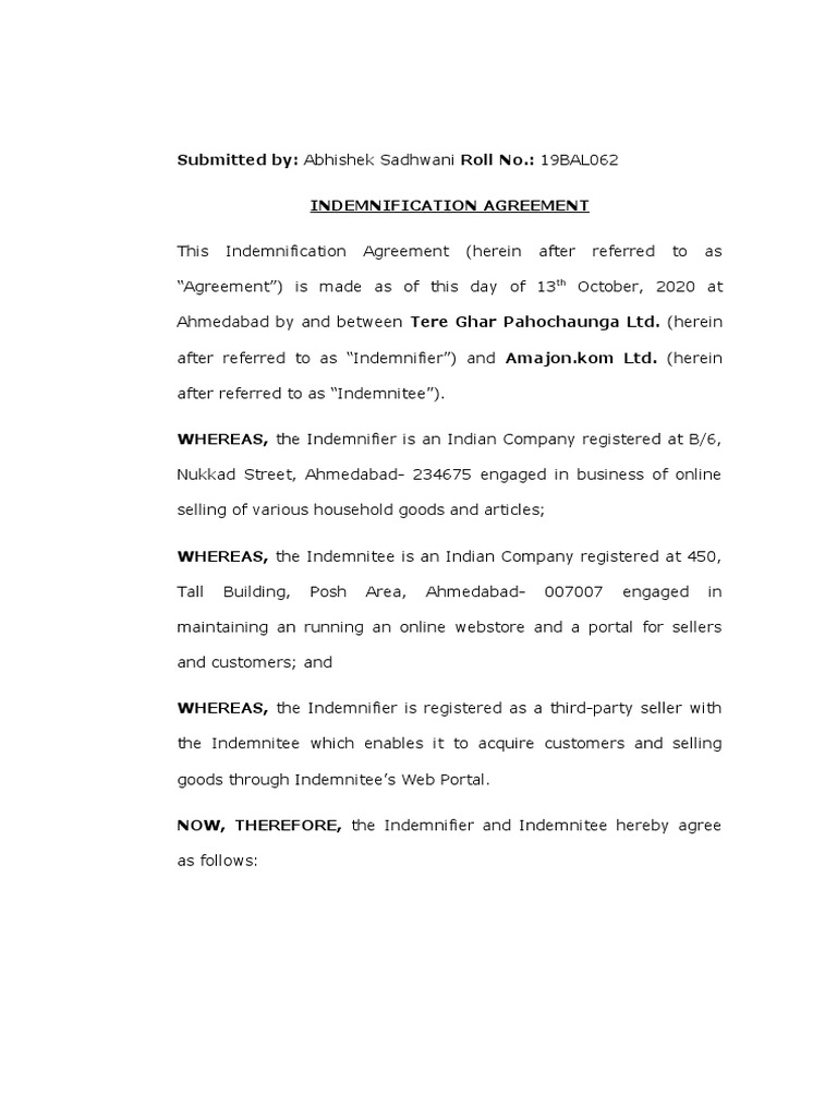 INDEMNIFICATION AGREEMENT EXAMPLE India PDF Indemnity Social Institutions