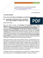 Note de Presse 25 Octobre 2020 - Lettre ouverte au President de la République, son Excellence M. Jovenel Moise. RE 