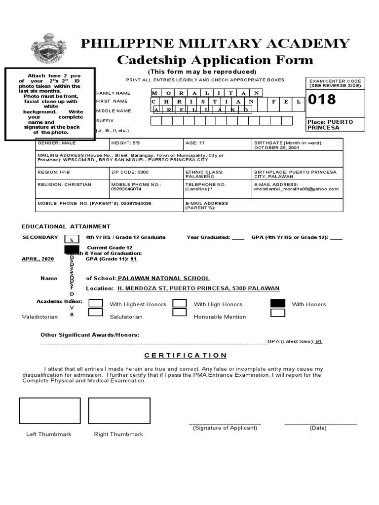 PMA Cadetship Application Form | PDF | University And College Admission ...