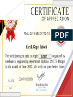 Certificate For Kartik Gopal Jaiswal For "Patent"