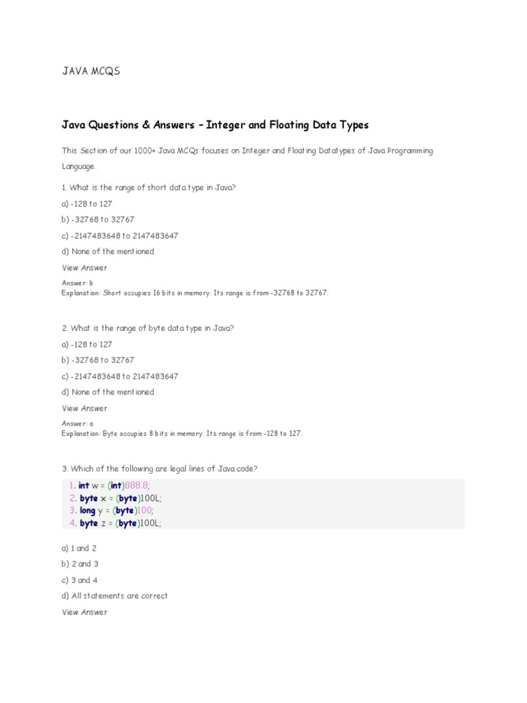 Java Questions & Answers Integer and Floating Data Types PDF
