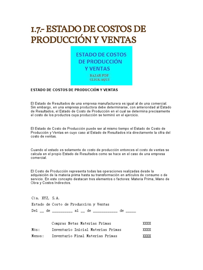 Estado de Costos de Producción y Ventas | PDF | Costo | Estado de ...