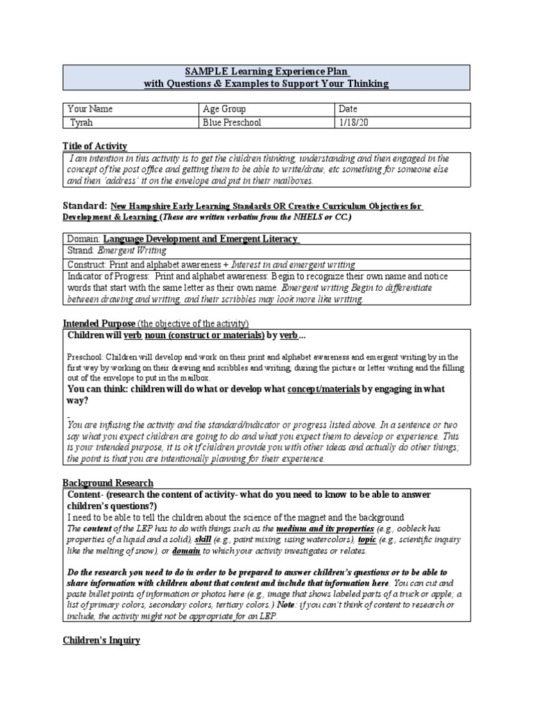SAMPLE Learning Experience Plan With Questions & Examples To Support ...