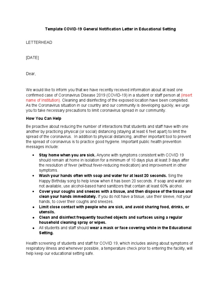 COVID-19 Notification Letter Template | PDF | Health Sciences | Medicine