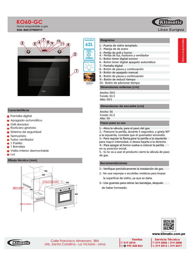 Horno Empotrable a Gas Klimatic 67 L. KO60-GC