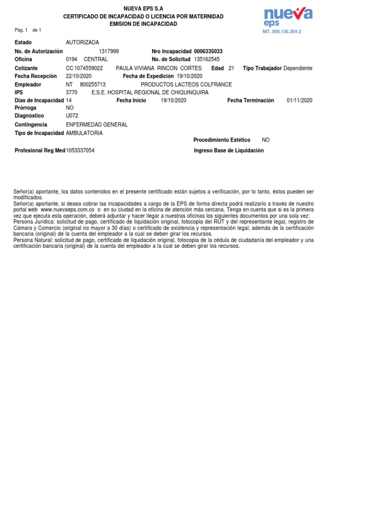 Certificado de Incapacidad Nueva EPS | PDF | Finanzas y dinero