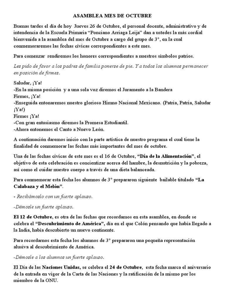 Asamblea Escolar de Octubre 2023 | PDF | Exploración de América del ...