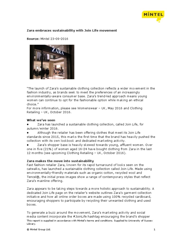 Zara Embraces Sustainability With Join Life Movement | PDF | Fashion ...