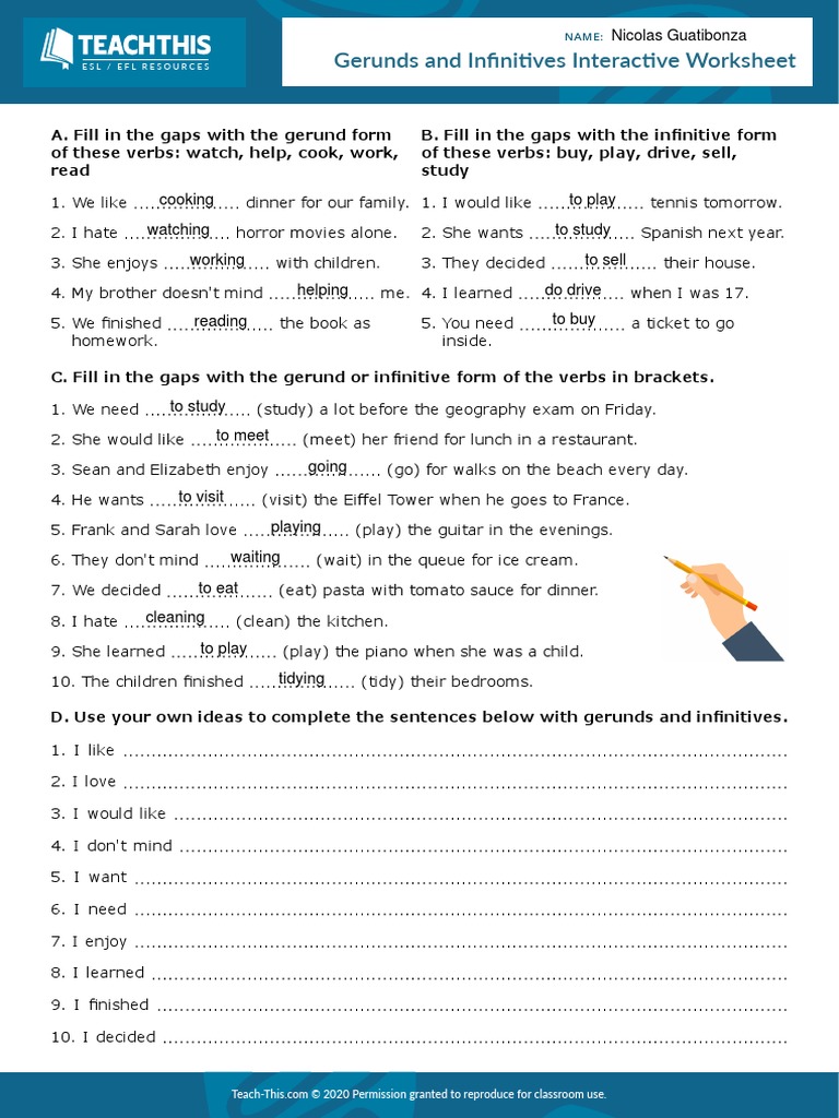 Gerunds and Infinitives Interactive Worksheet: Nicolas Guatibonza | PDF ...