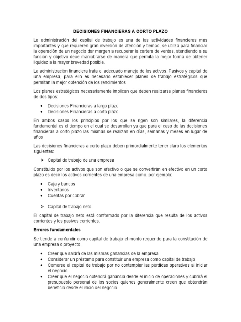 Decisiones Financieras A Corto Plazo | PDF | Capital de trabajo ...