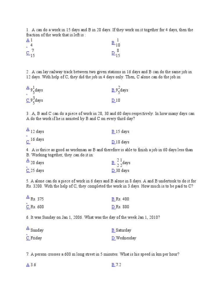 Work and Speed Problems with Solutions | PDF | Speed
