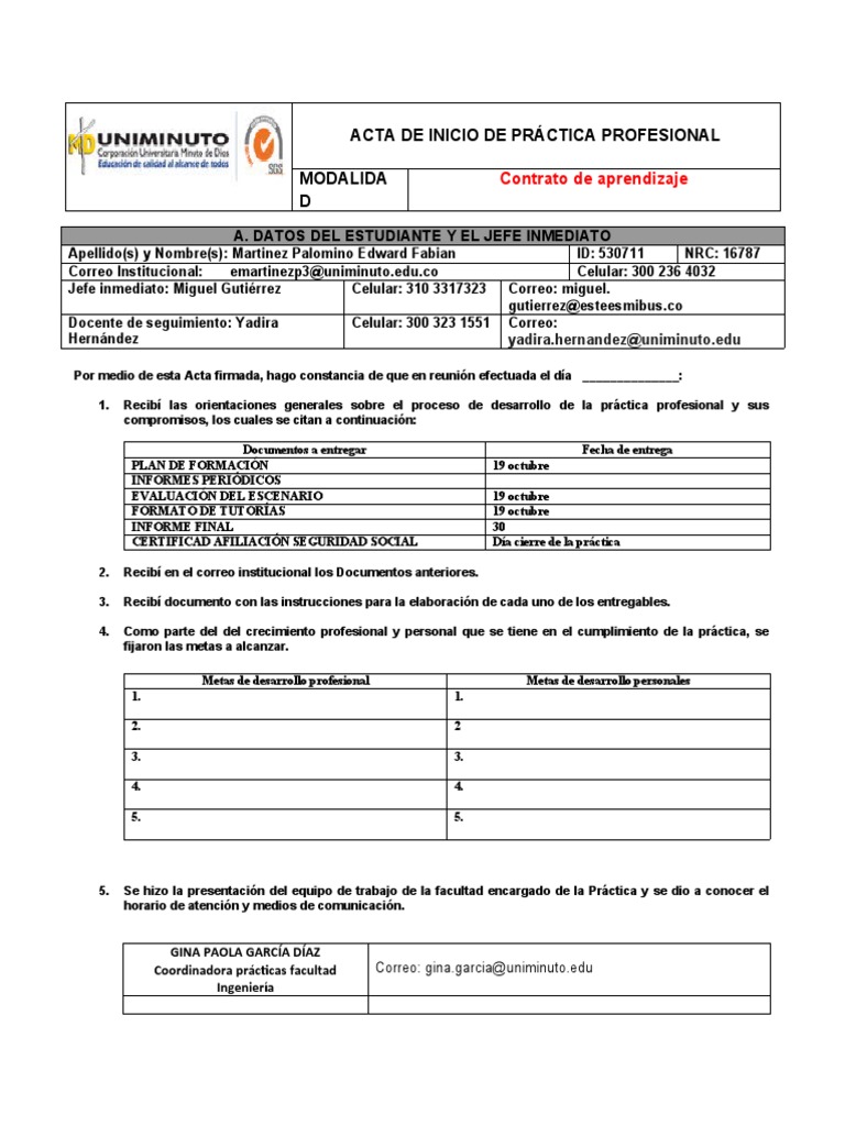 Acta de Inicio de Práctica | PDF | Educación avanzada