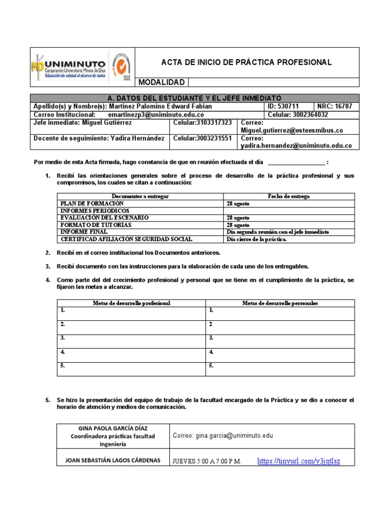 Acta de Inicio de Práctica Profesional | PDF