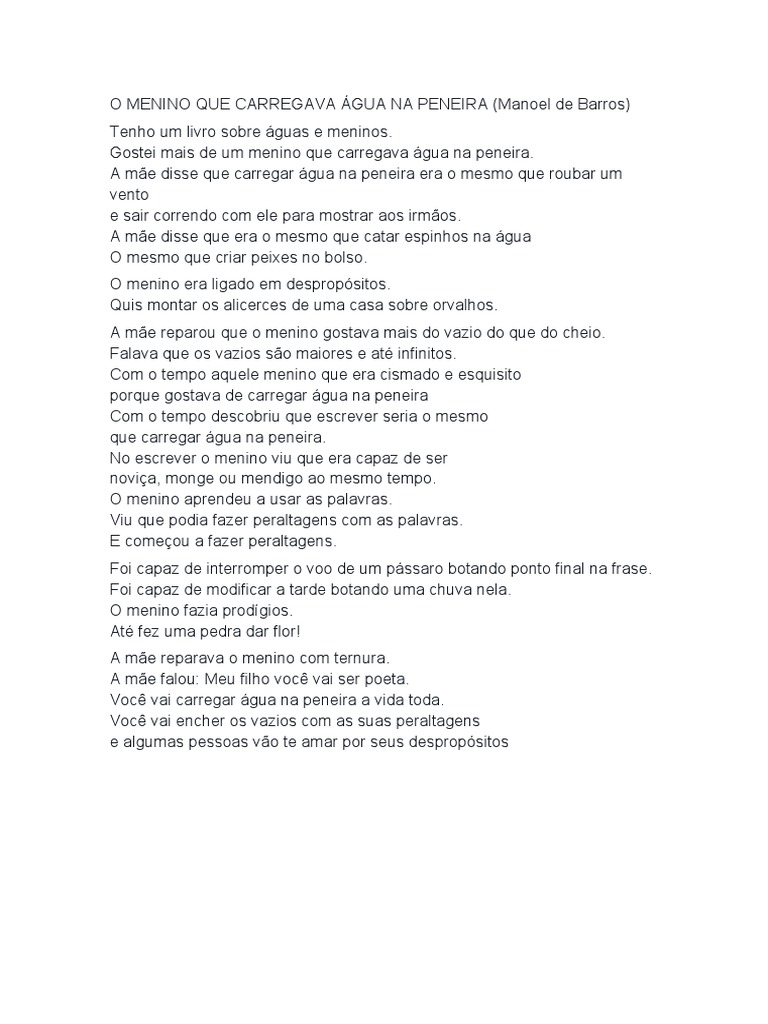 Manoel de Barros - O MENINO QUE CARREGAVA ÁGUA NA PENEIRA | PDF