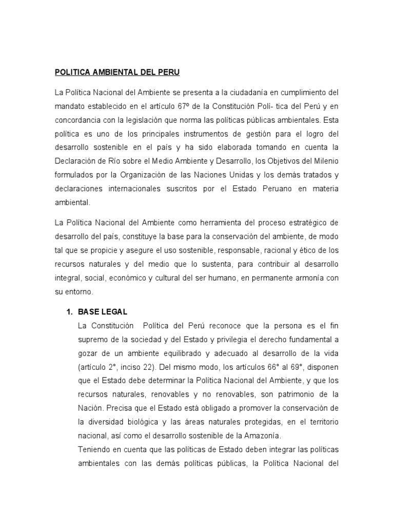 Política Ambiental del Perú | PDF | Sustentabilidad | Desarrollo sostenible