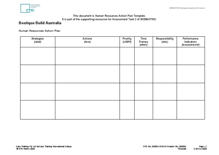 BSBMGT502 Template Task 2 Human Resources Action Plan Template PDF