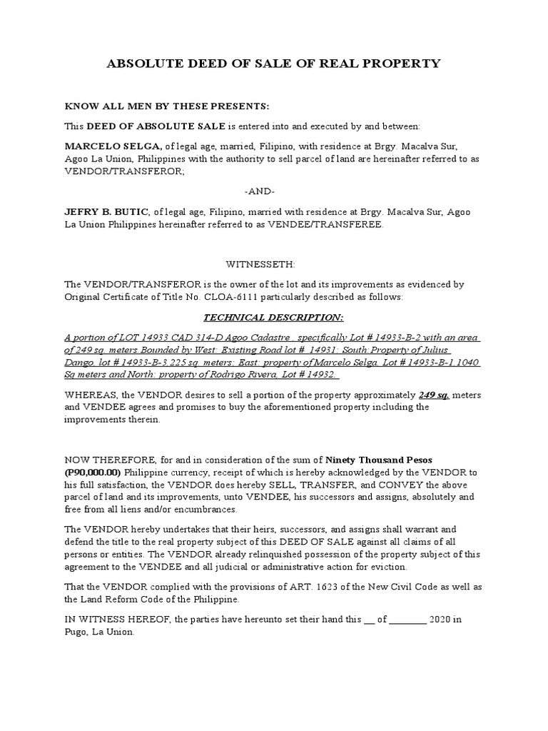 Absolute Deed of Sale of Real Property-Butic | PDF | Deed | Land Law