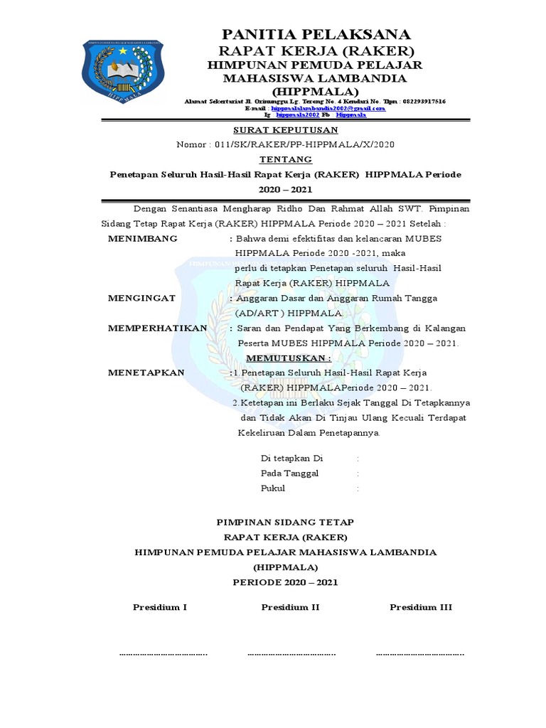 SURAT KEPUTUSAN Penetapan Seluruh Hasil-Hasil Rapat Kerja (RAKER) | PDF