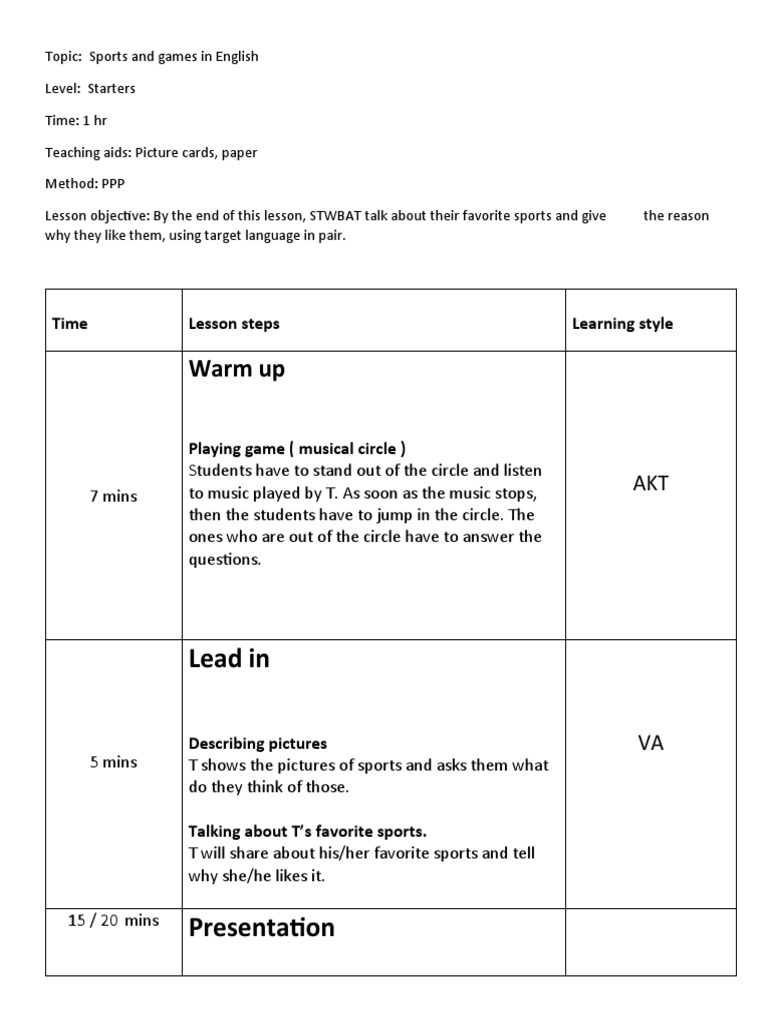 PPP Sports Lesson Plan for Starters | PDF | Psychological Concepts ...