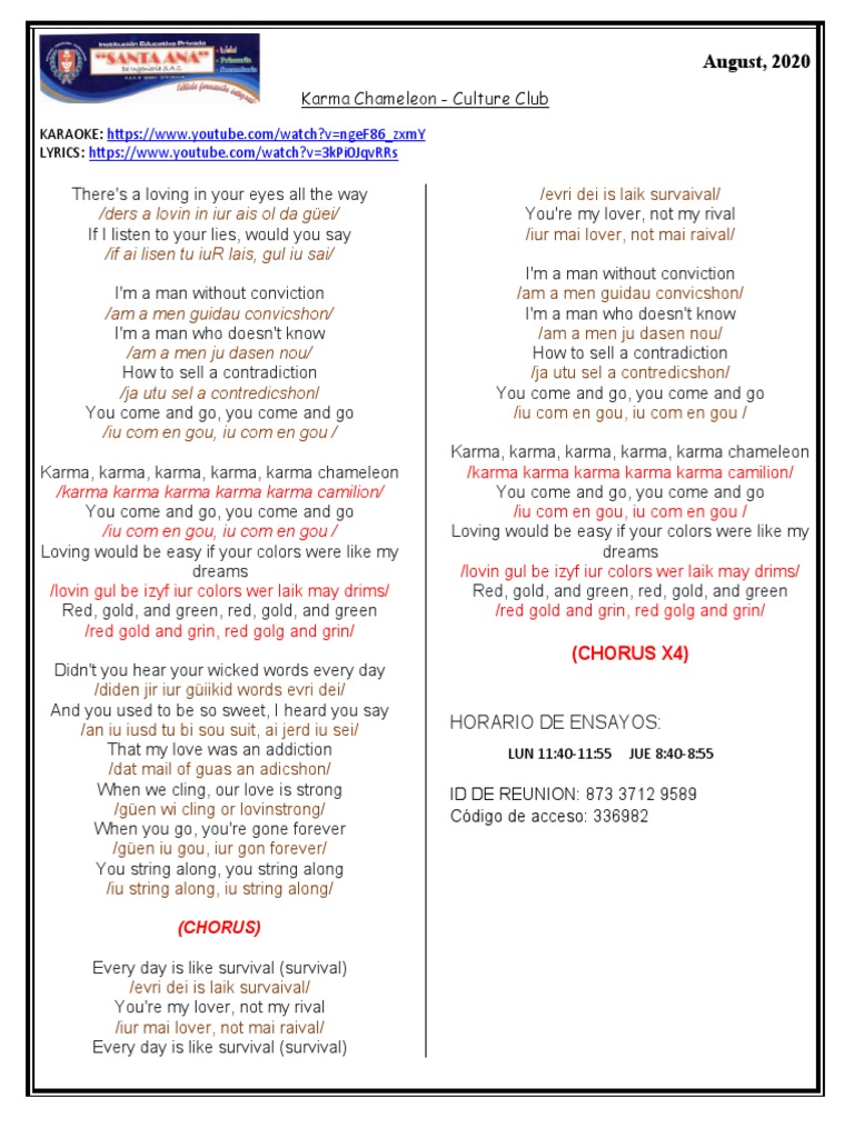 Karma Chameleon Lyrics and Karaoke Information for Culture Club Song | PDF