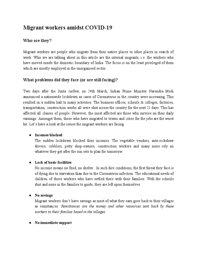 Migrant Worker Amidst COVID 19 | PDF | Migrant Worker | Economies