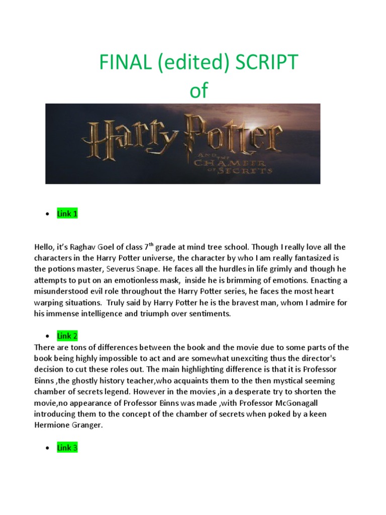 Insights on Chamber of Secrets Script PDF Harry Potter Fantasy