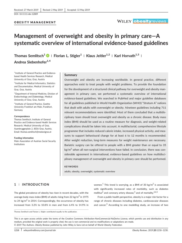 Management of Overweight and Obesity in Primary Care | PDF | Obesity ...