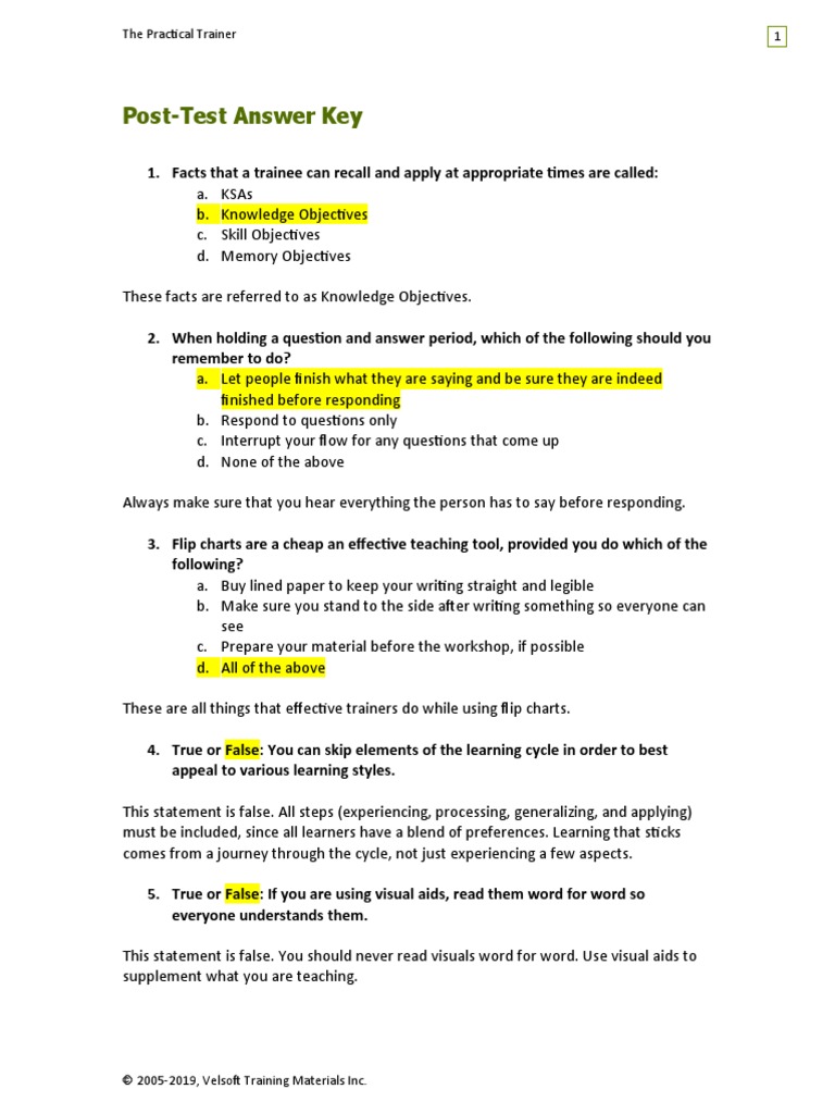 Practical Trainer Post-Test Answers | PDF | Learning Styles | Learning