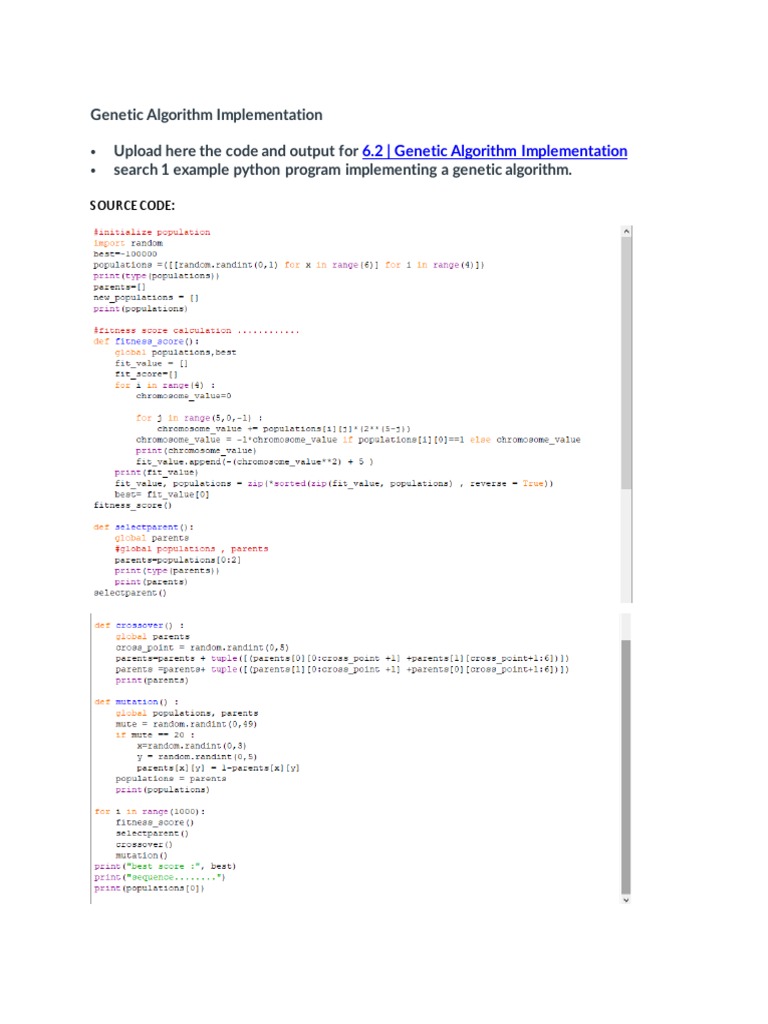Genetic Algorithm Implementation Upload Here The Code and Output For ...