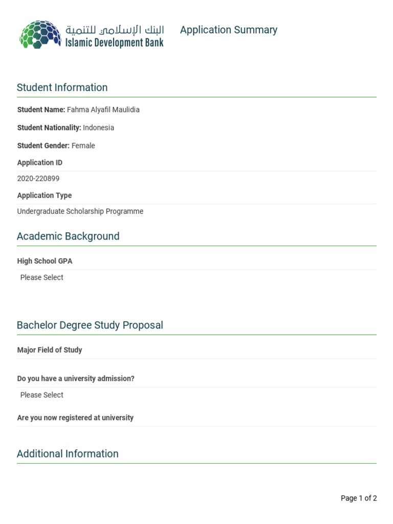 Undergraduate Scholarship Application Summary | PDF